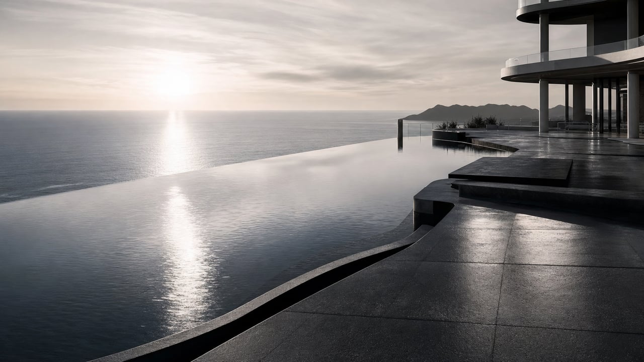 Infinity pool edge meeting the ocean horizon