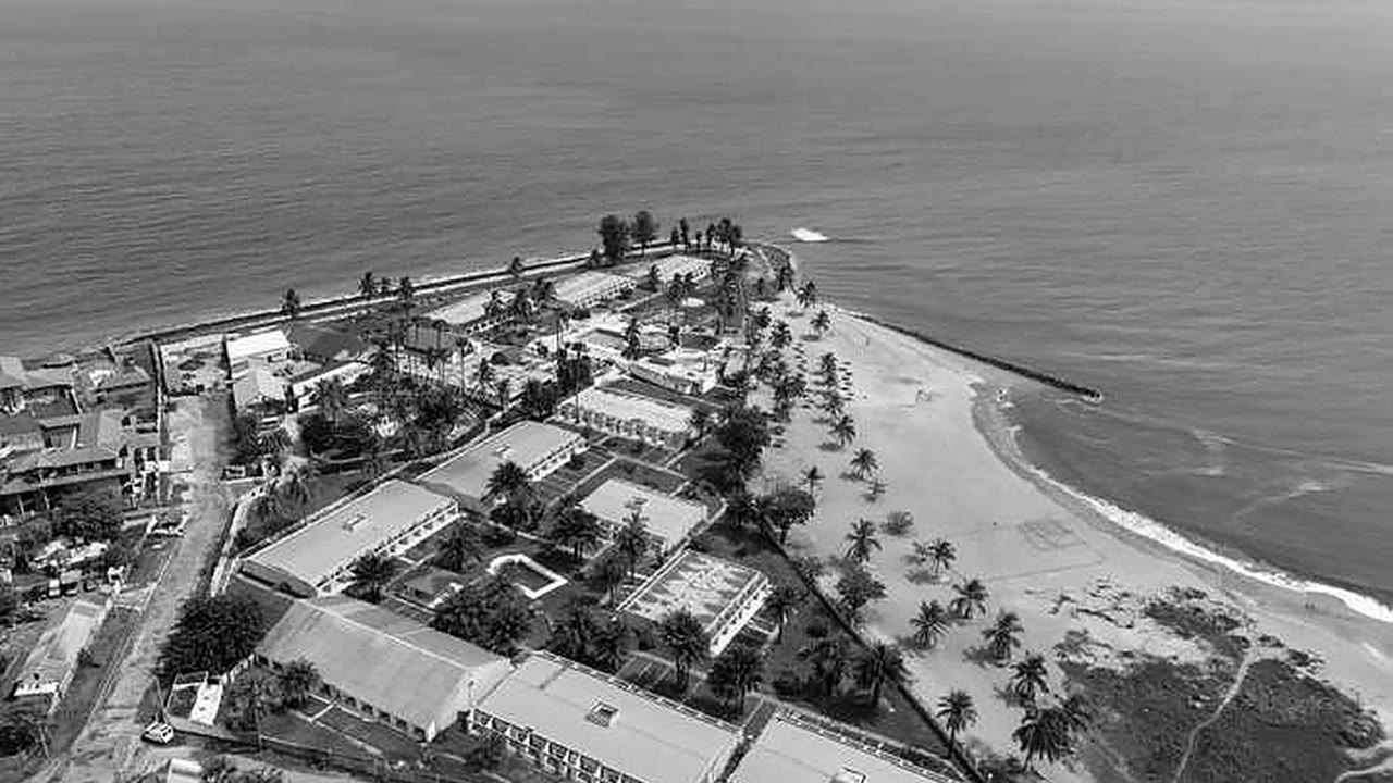 Aerial photograph of Cape Point, Bakau, and its beachfront