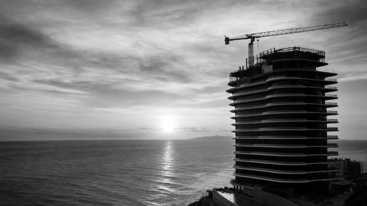 The tower rising over the Atlantic at dusk