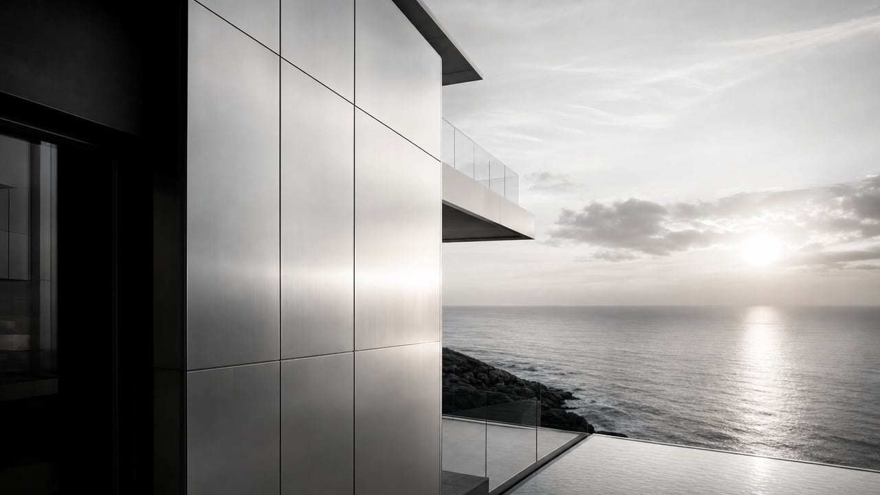 Facade detail in silver light over the ocean