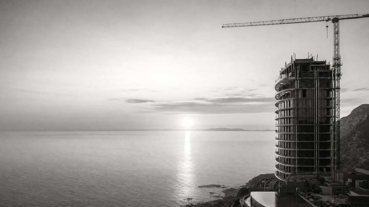 The tower rising over the Atlantic at dusk