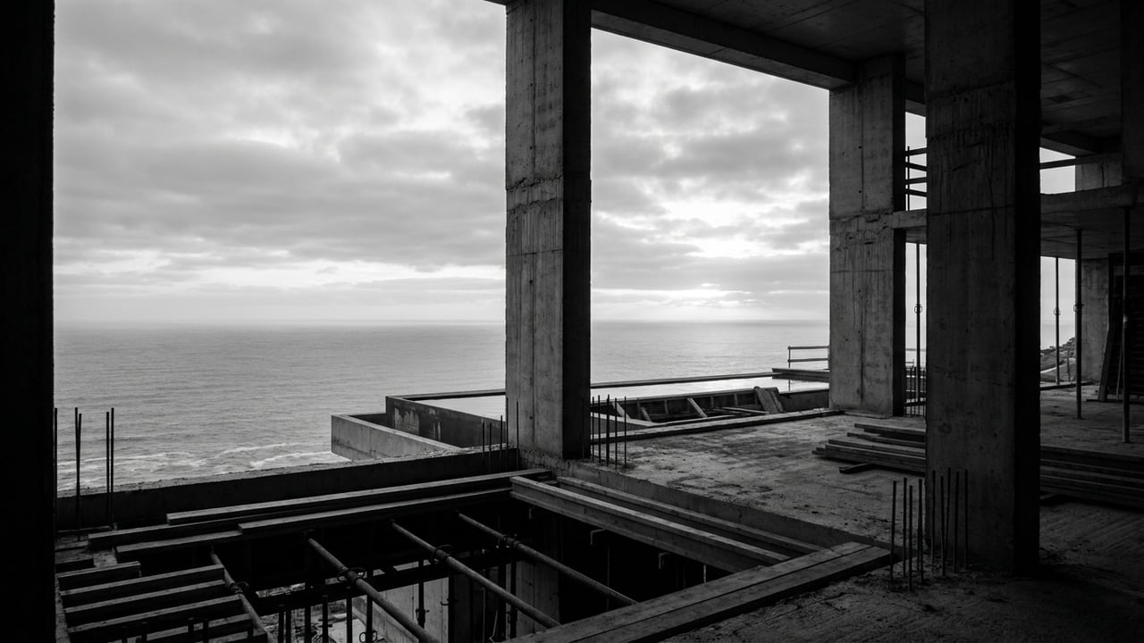 Concrete columns framing the ocean during construction