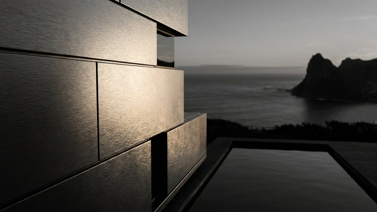 Facade detail in silver light over the ocean
