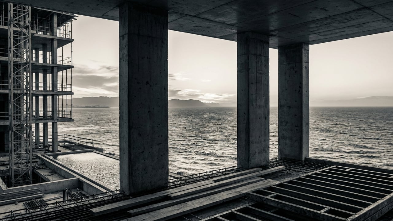 Concrete columns framing the ocean during construction