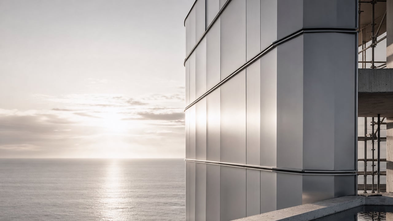 Facade detail in silver light over the ocean