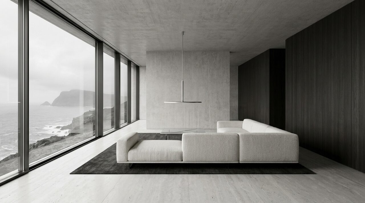 A finished Platinum Tower living room interior render with timber and stone surfaces, full height glazing and soft daylight, no people and no readable text