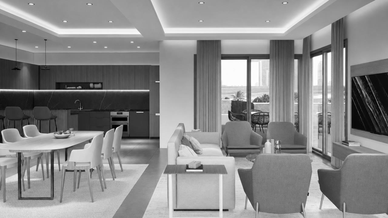 Rendering of a Platinum Tower living room with open kitchen