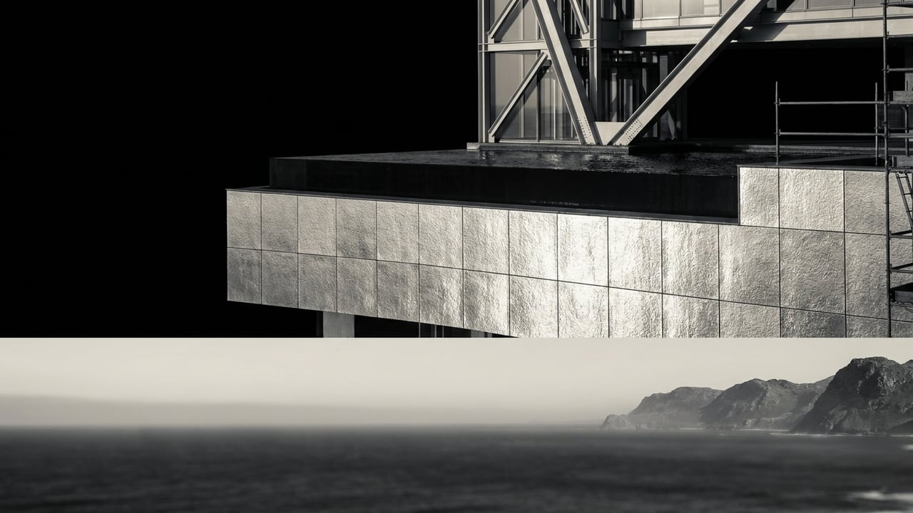 Facade detail in silver light over the ocean
