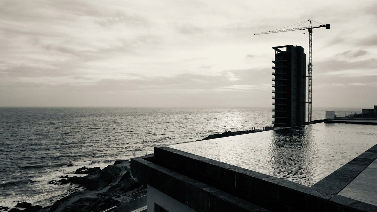 The tower rising over the Atlantic at dusk