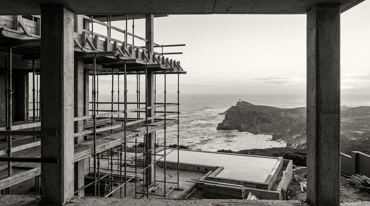 Concrete columns framing the ocean during construction