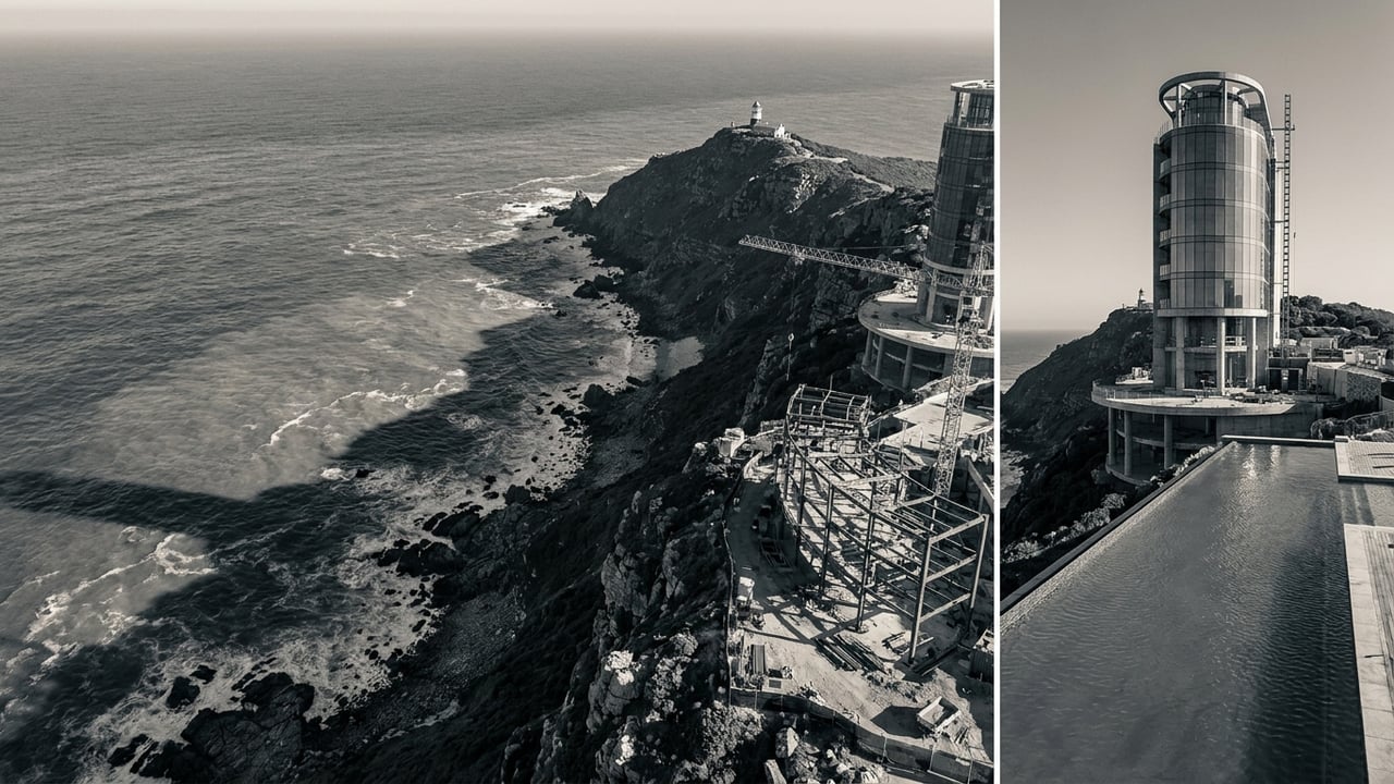 Aerial view of the tower site on the Cape Point coastline