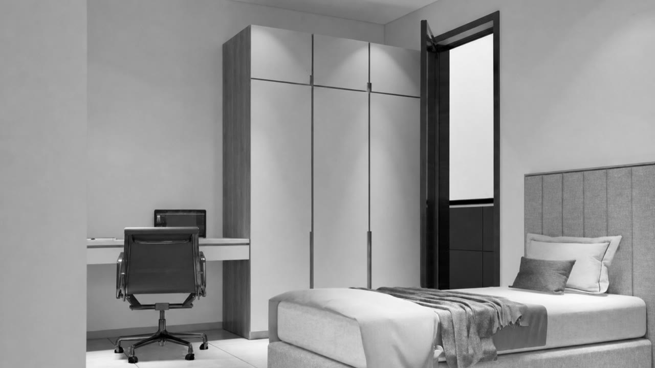 Official interior render of a Platinum Tower studio: bed, built-in wardrobe and a desk by the window