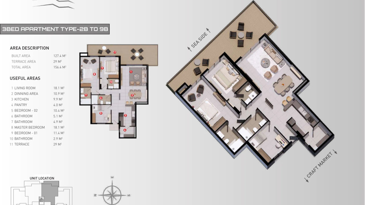 Floor plan of a Platinum Tower three bedroom apartment on lines B and C, second to ninth floor