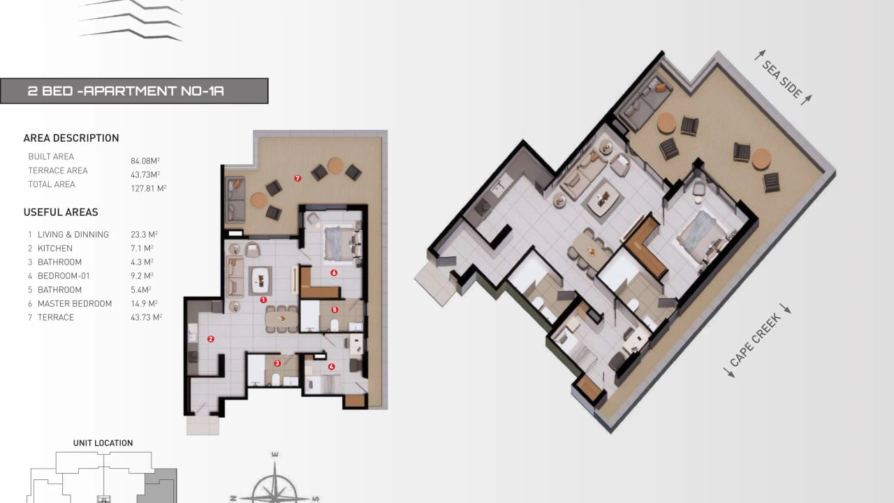 Floor plan of a two bedroom home on line A at Platinum Tower, with built, terrace and total area labelled
