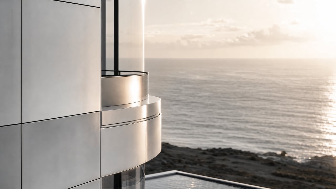 Facade detail in silver light over the ocean