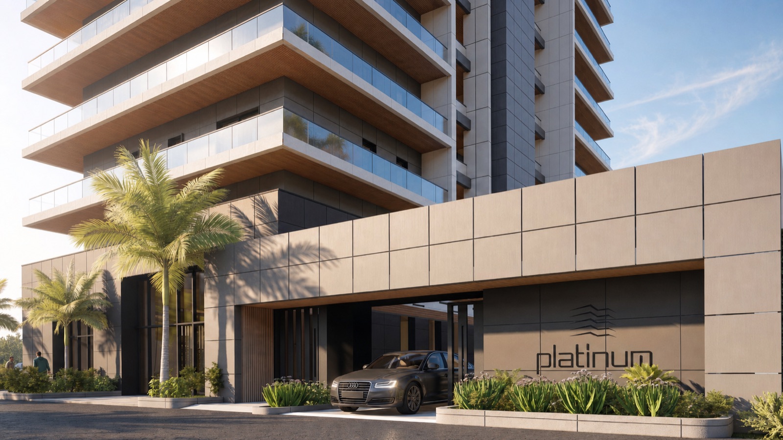 A dark sedan arriving under the covered drop off at the Platinum Tower entrance render, palm trees casting shadows across the driveway and the platinum wordmark on the facade