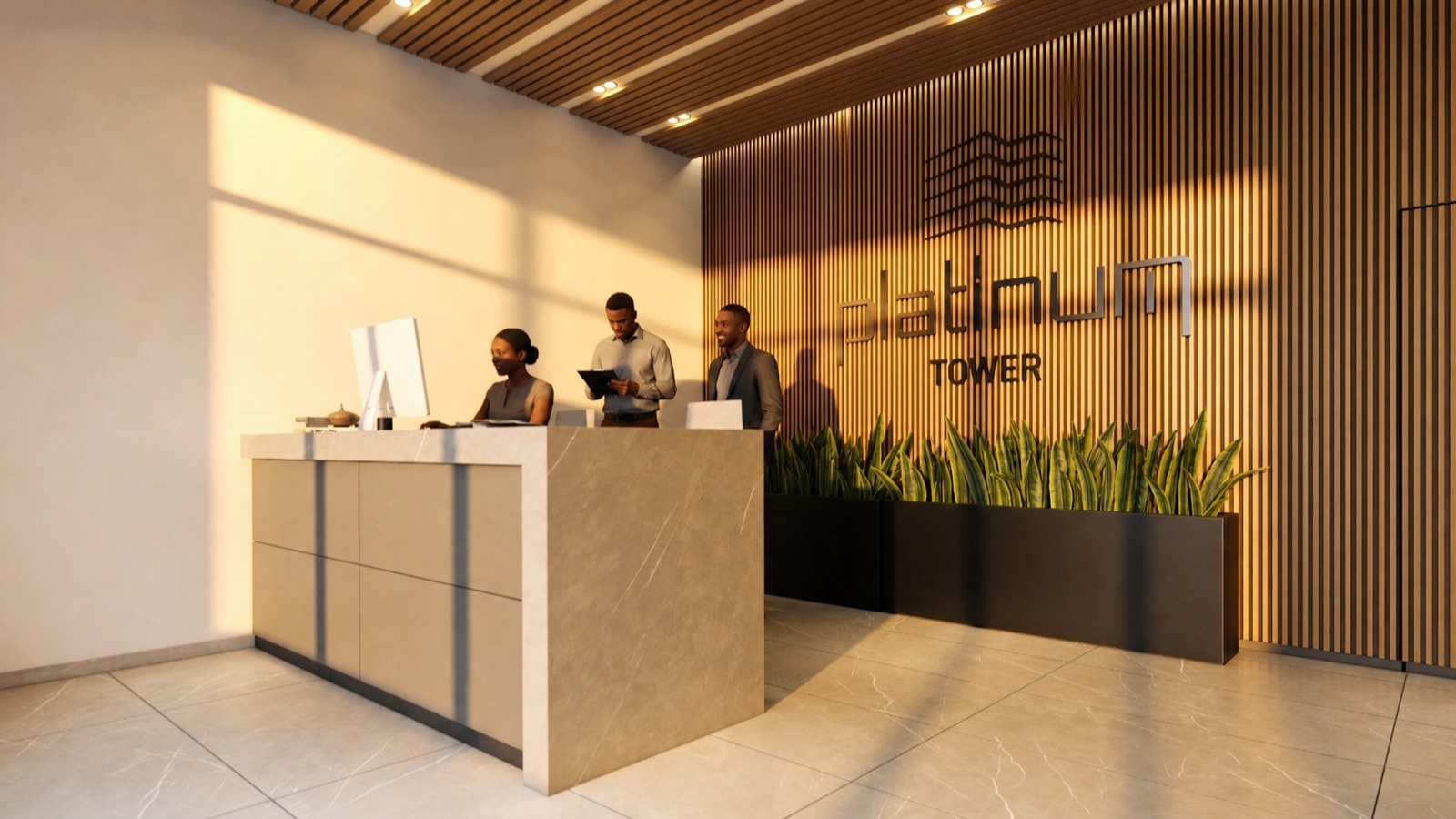 The reception desk and wordmark wall inside the Platinum Tower lobby render, with timber slat panelling and a stone clad counter